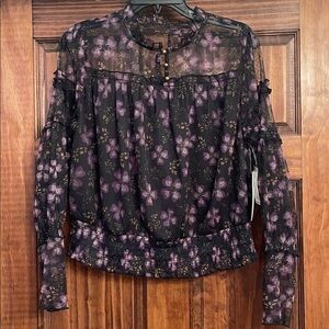 Calligraphie Floral Sheer Black and Purple Women's Top size M